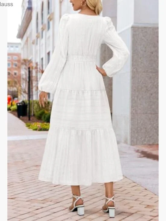 Long Sleeve V Neck Tiered Cotton Maxi Dress with Pockets Midi Casual - Picture 3 of 7